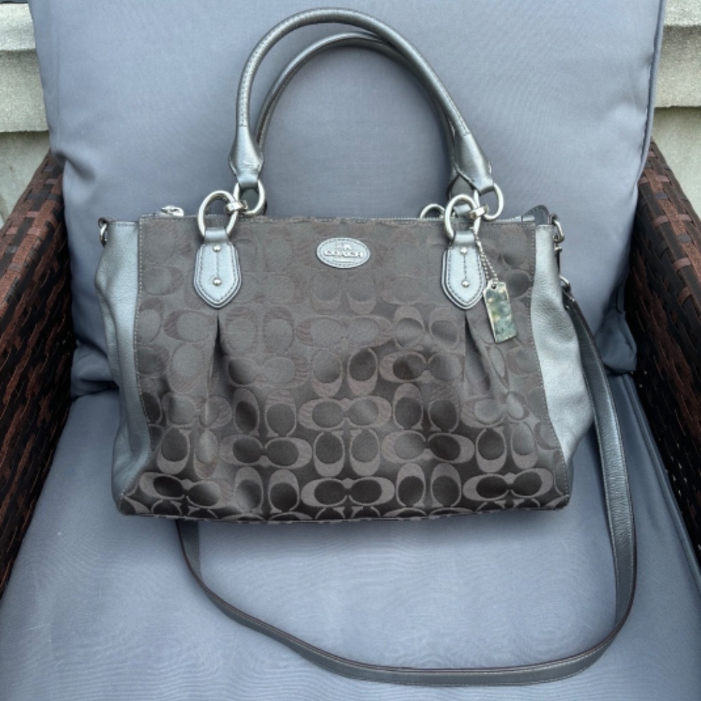 Coach grey leather and cloth signature satchel